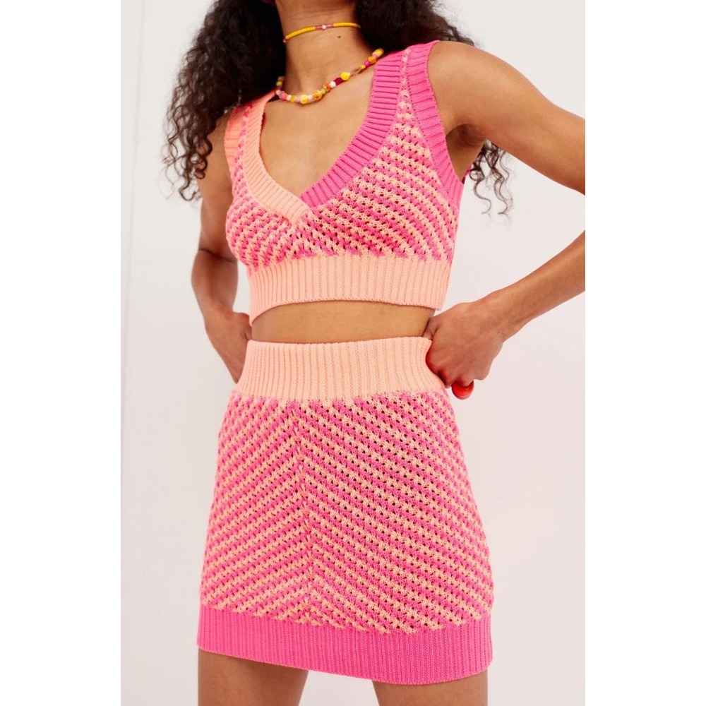 For Love & Lemons‎ Jacida Knit Crochet Stretch Skirt Bright Pink & Orange Small - Picture 7 of 7